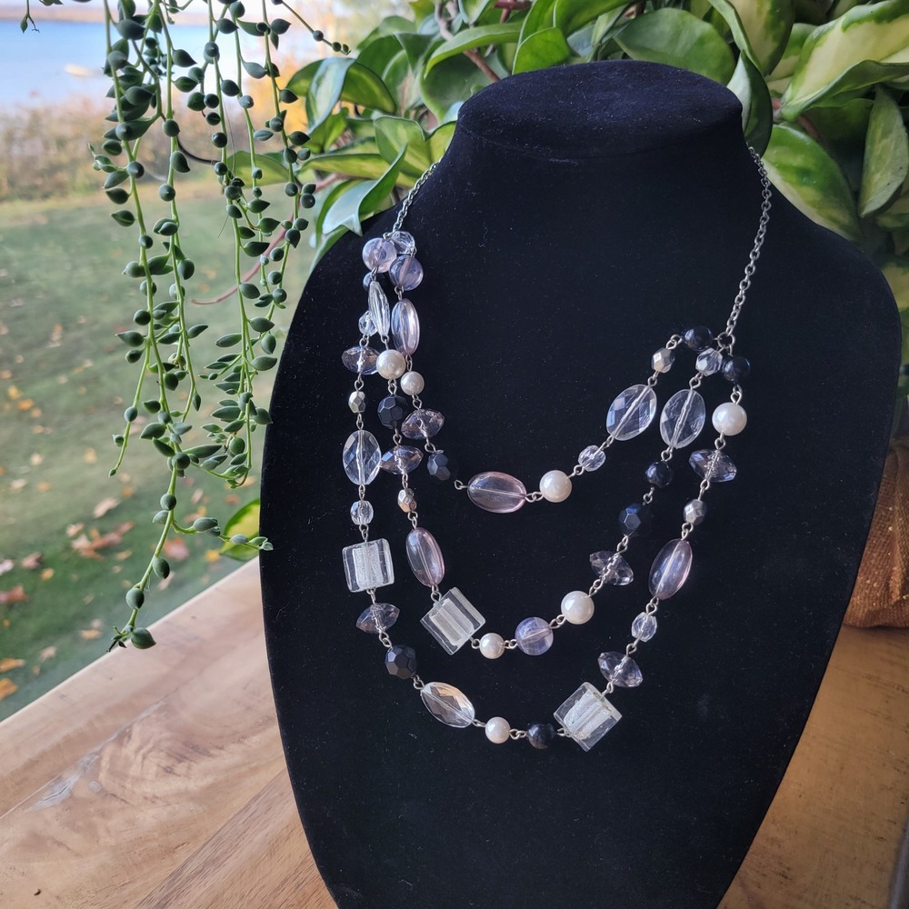 Multi-Strand Layered Beaded Necklace Silver Tone Black‎ White Purple Accents